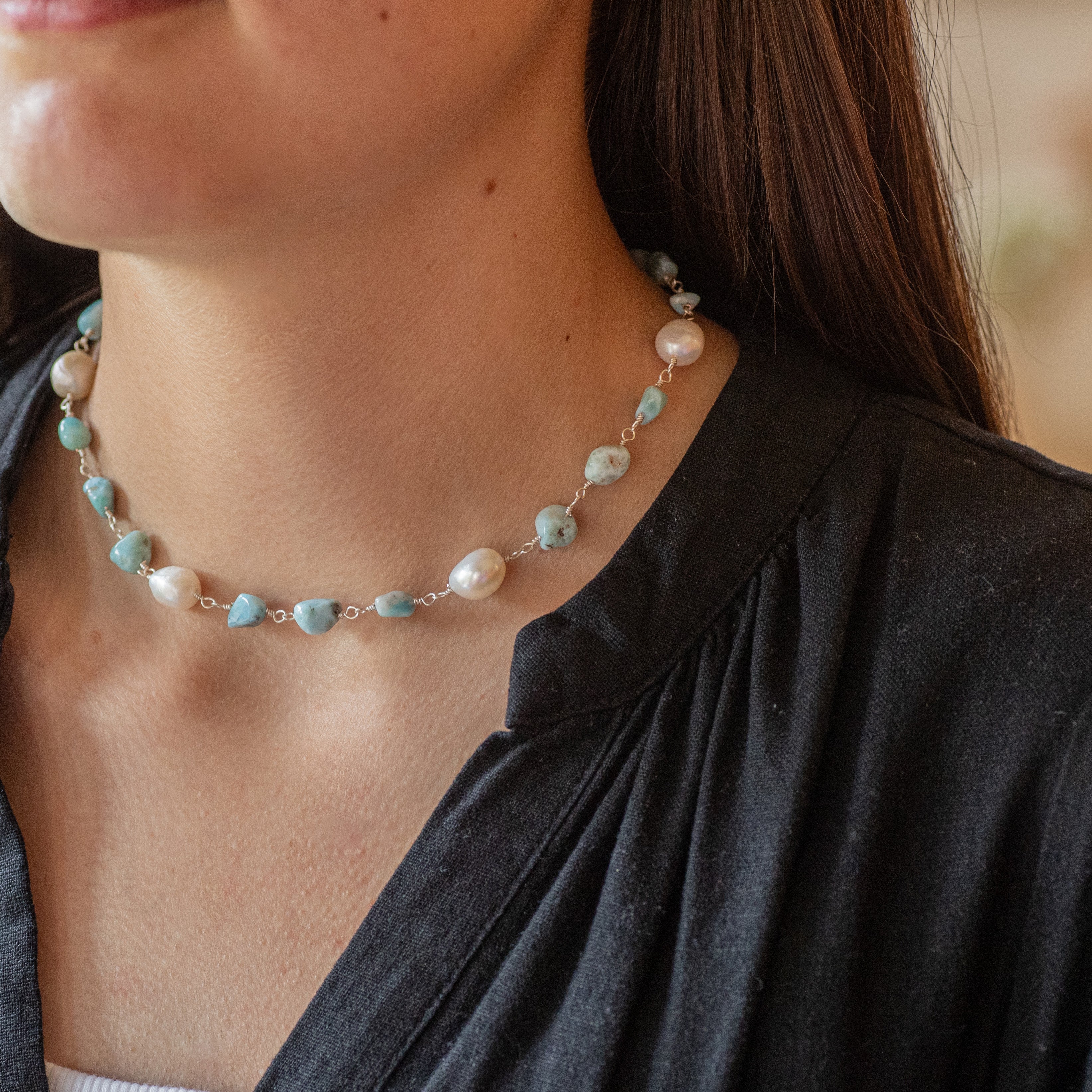 Larimar & Pearl Choker/Bracelet