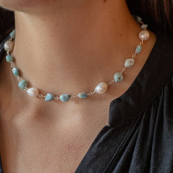 Larimar &amp; Pearl Choker/Bracelet