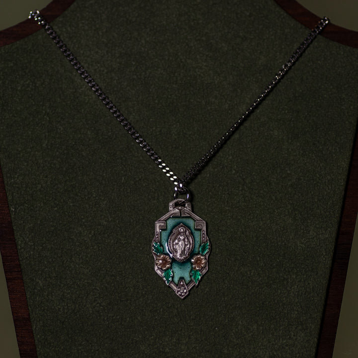 Pendant - MM in Flower Frame w/ Blue Epoxy - Sterling Silver - 20" Rhodium Plated Chain