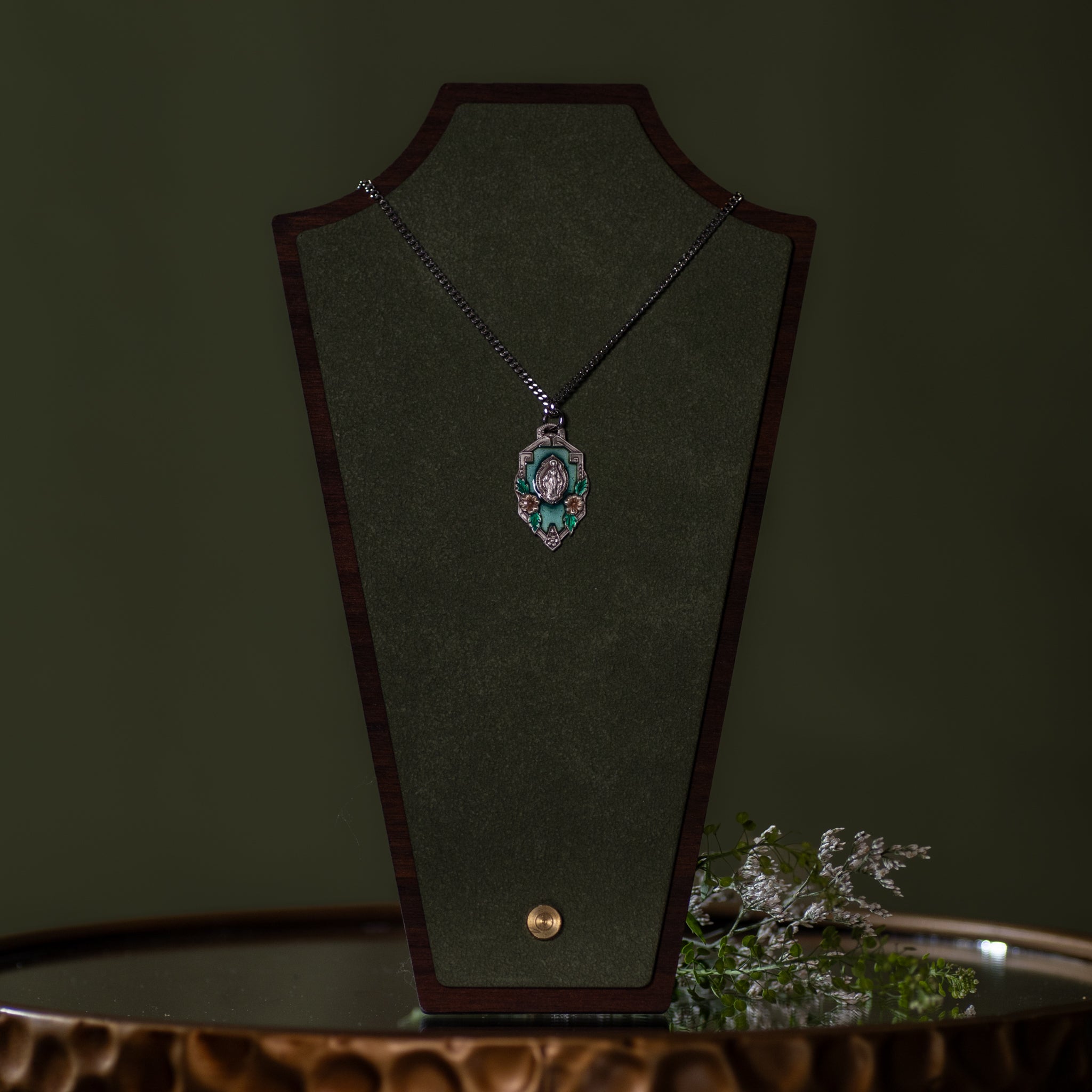 Pendant - MM in Flower Frame w/ Blue Epoxy - Sterling Silver - 20" Rhodium Plated Chain