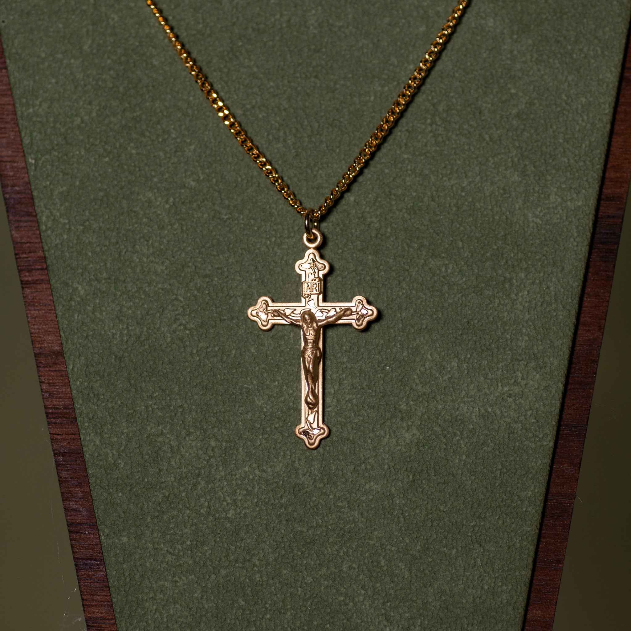 Pendant - Crucifix - 16kt Gold Over SS - Vine and Leaf Pattern - 20" Gold Plated Chain