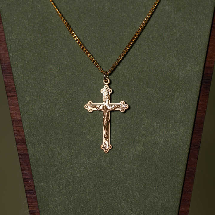 Pendant - Crucifix - 16kt Gold Over SS - Vine and Leaf Pattern - 20" Gold Plated Chain