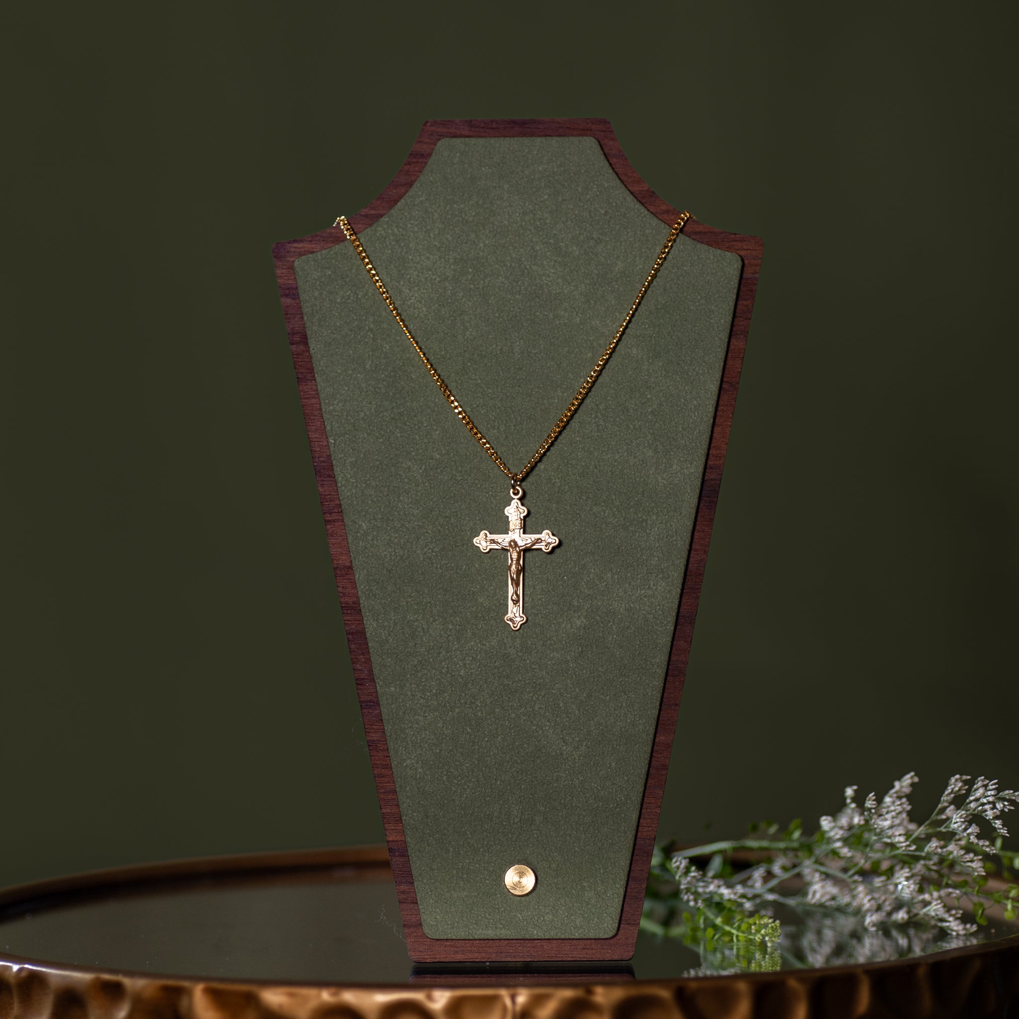 Pendant - Crucifix - 16kt Gold Over SS - Vine and Leaf Pattern - 20" Gold Plated Chain