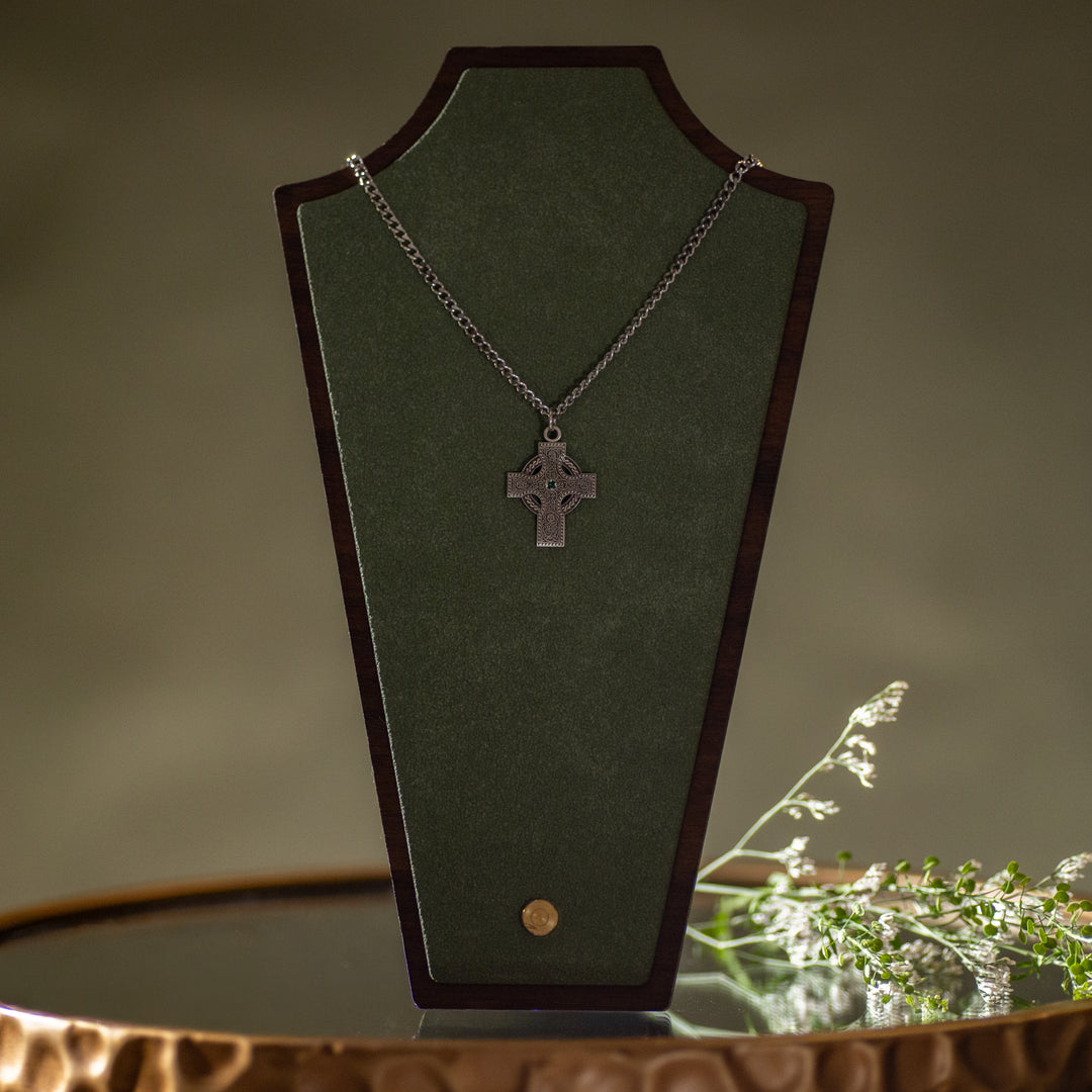 Pendant - Celtic Cross - Iona - Emerald Center - SS - 24" Rhodium Plated Chain