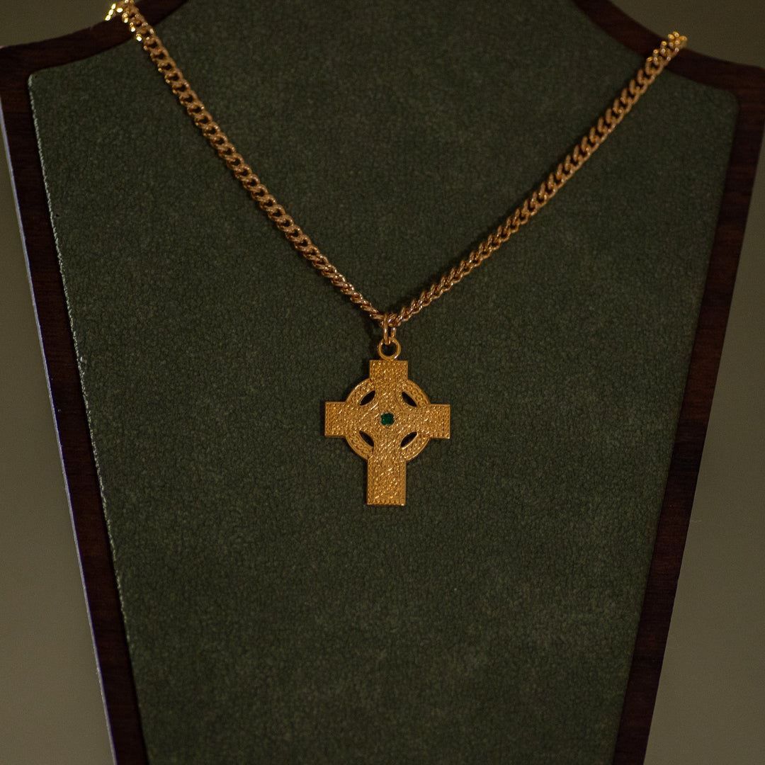Pendant - Celtic Cross w/ Emerald Center - Gold over Sterling Silver - 24" Chain