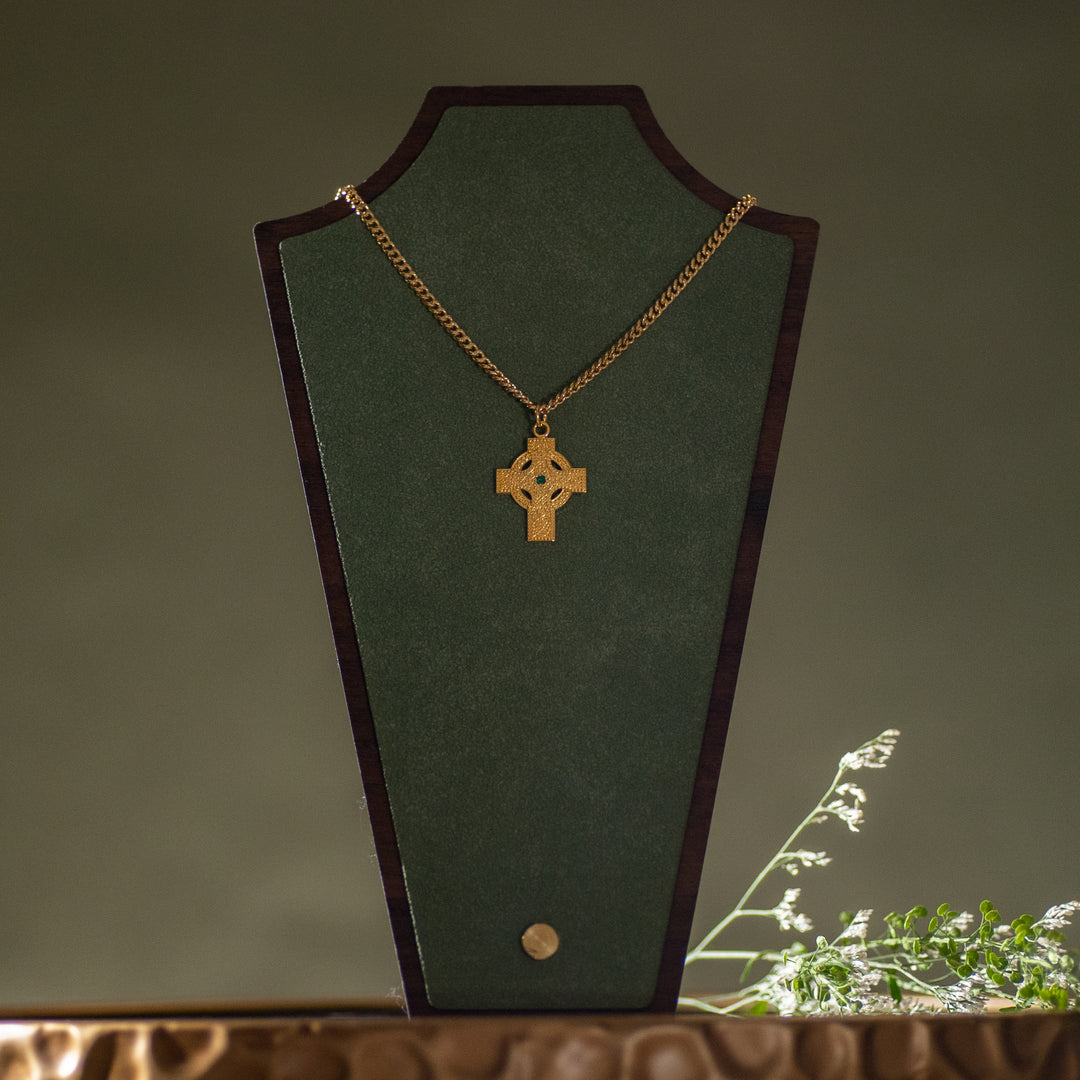 Pendant - Celtic Cross w/ Emerald Center - Gold over Sterling Silver - 24" Chain