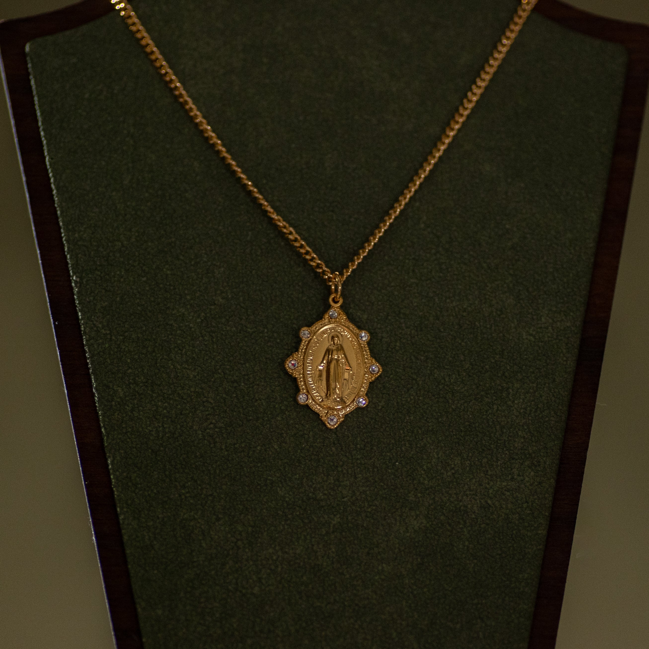 Pendant - MM w/ Crystal stones - 16k Gold over Sterling Silver - 18" Gold Plated Chain
