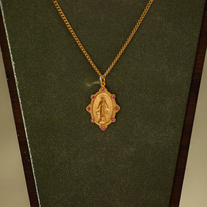 Pendant - Miraculous Medal w/Pink Stones - 16kt Gold Over Sterling - 18"Gold Plated Curb Chain