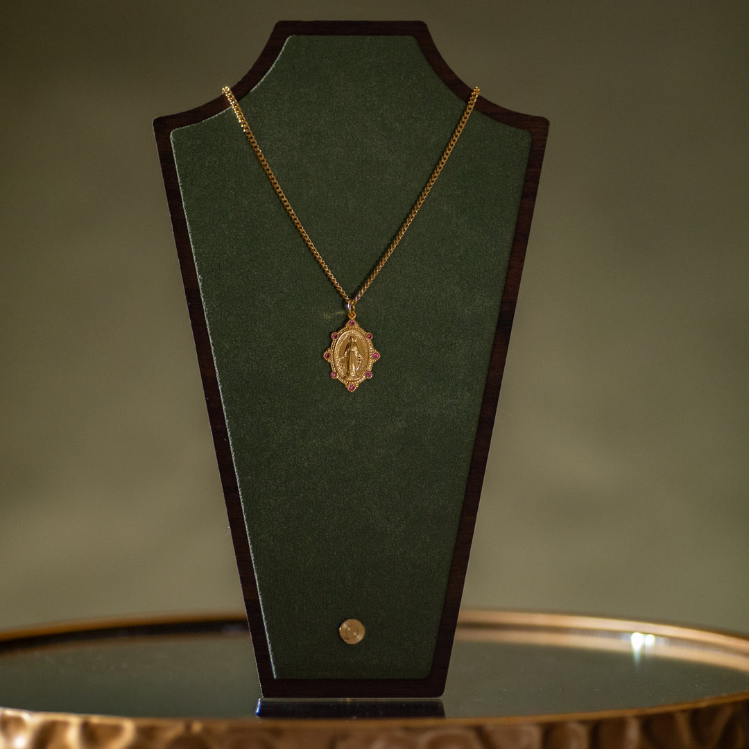 Pendant - Miraculous Medal w/Pink Stones - 16kt Gold Over Sterling - 18"Gold Plated Curb Chain