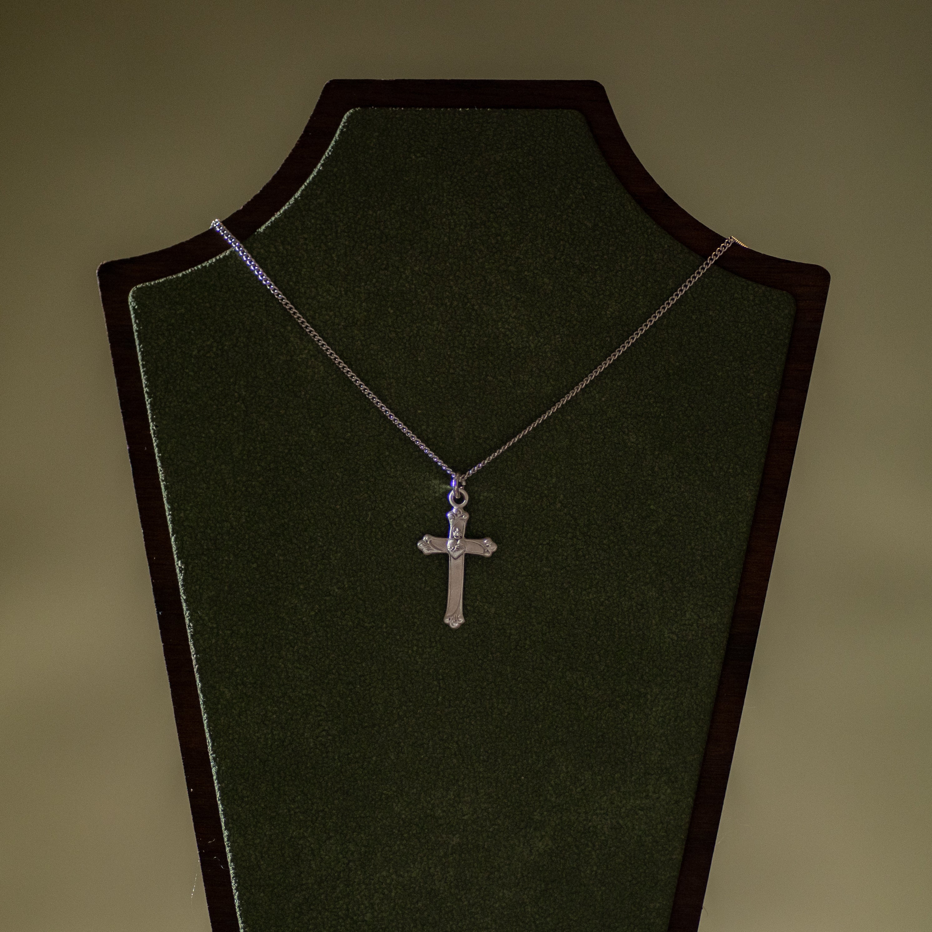 Pendant - Cross w/Sacred Heart - Sterling Silver Medal - 18" Stainless Steel Curb Chain