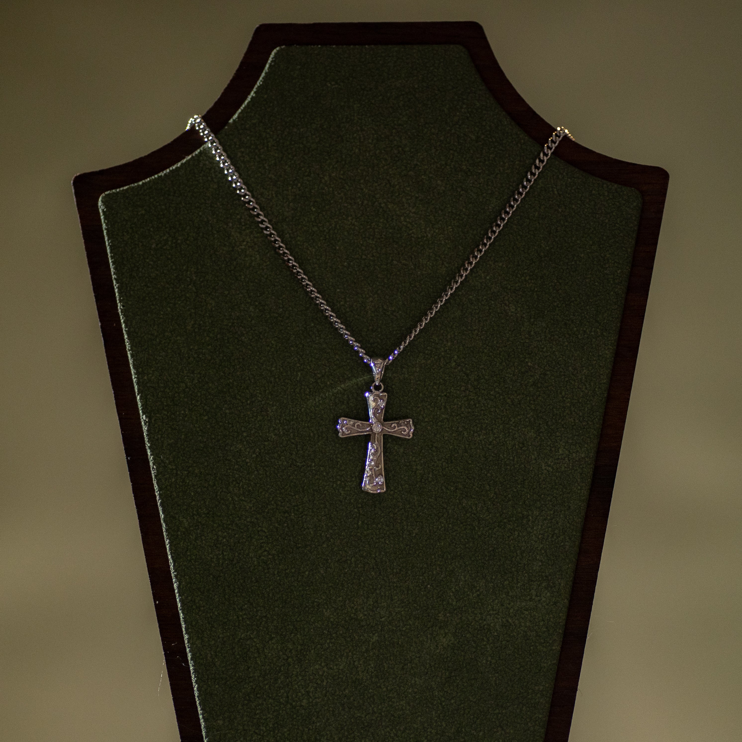 Pendant - Cross - SS - White Epoxy - Cubic Zirconia - 18" Stainless Steel Chain