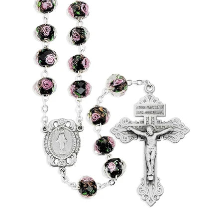 Rosary - Glass Flower Bead - Black