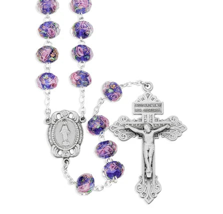 Rosary - Glass Flower Bead - Sapphire - Silver Plated Brass