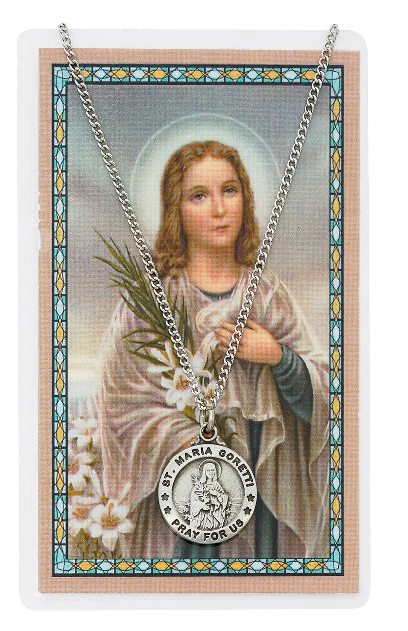 Pendant/HC Set - 18" St Maria Goretti- Round Pewter - Silvertone Chain