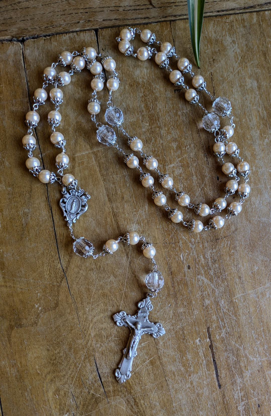 Rosary - Pink - Pearl and Crystal Capped Beads