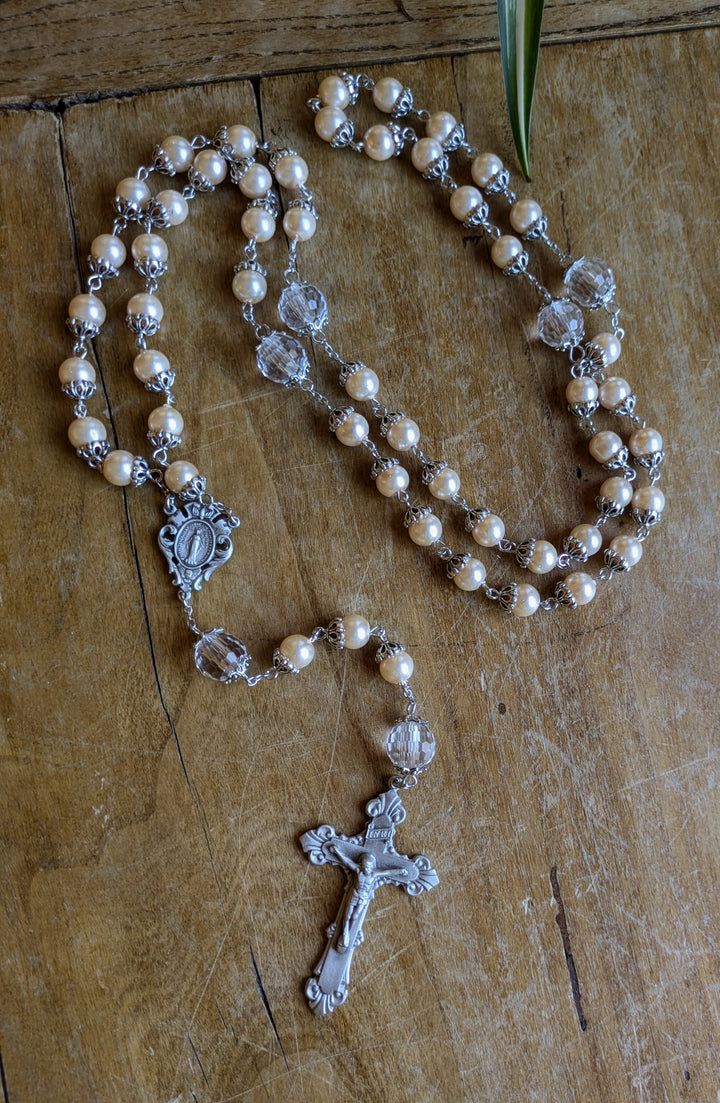 Rosary - Pink - Pearl and Crystal Capped Beads