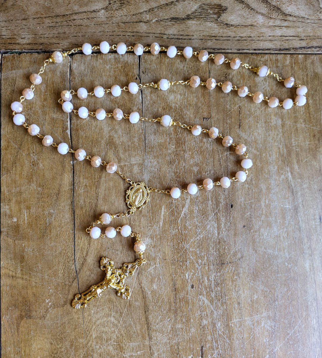 Rosary - Pink Crystal - Gold Tone
