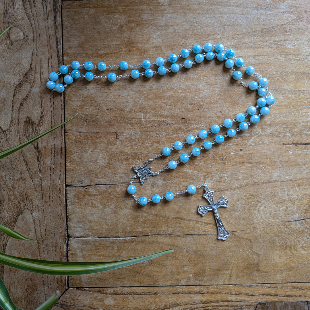 Aqua Marbleized Glass Rosary