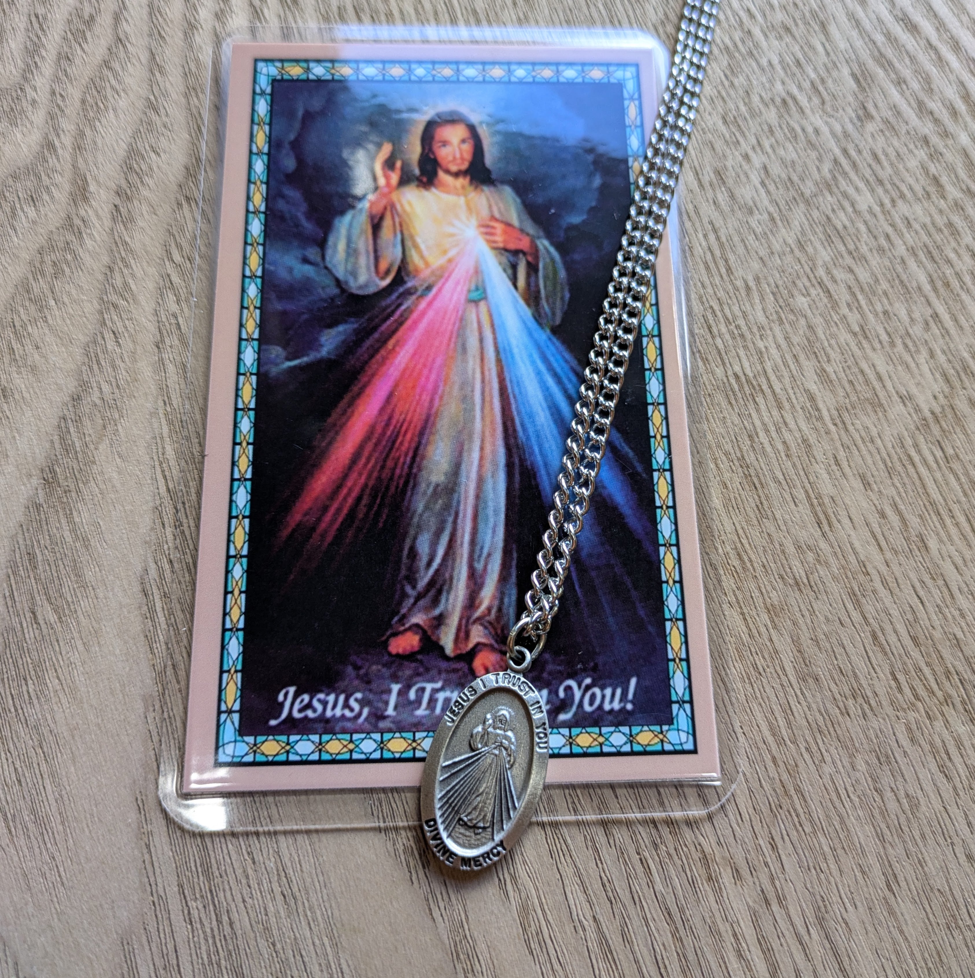 Pendant & Holy Card Set - Divine Mercy - Pewter - 24" Silver Tone Chain