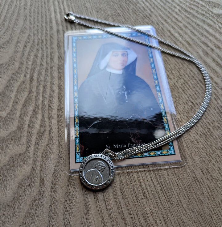 Pendant Set - St Faustina - Round Pewter - 18" Silvertone Chain