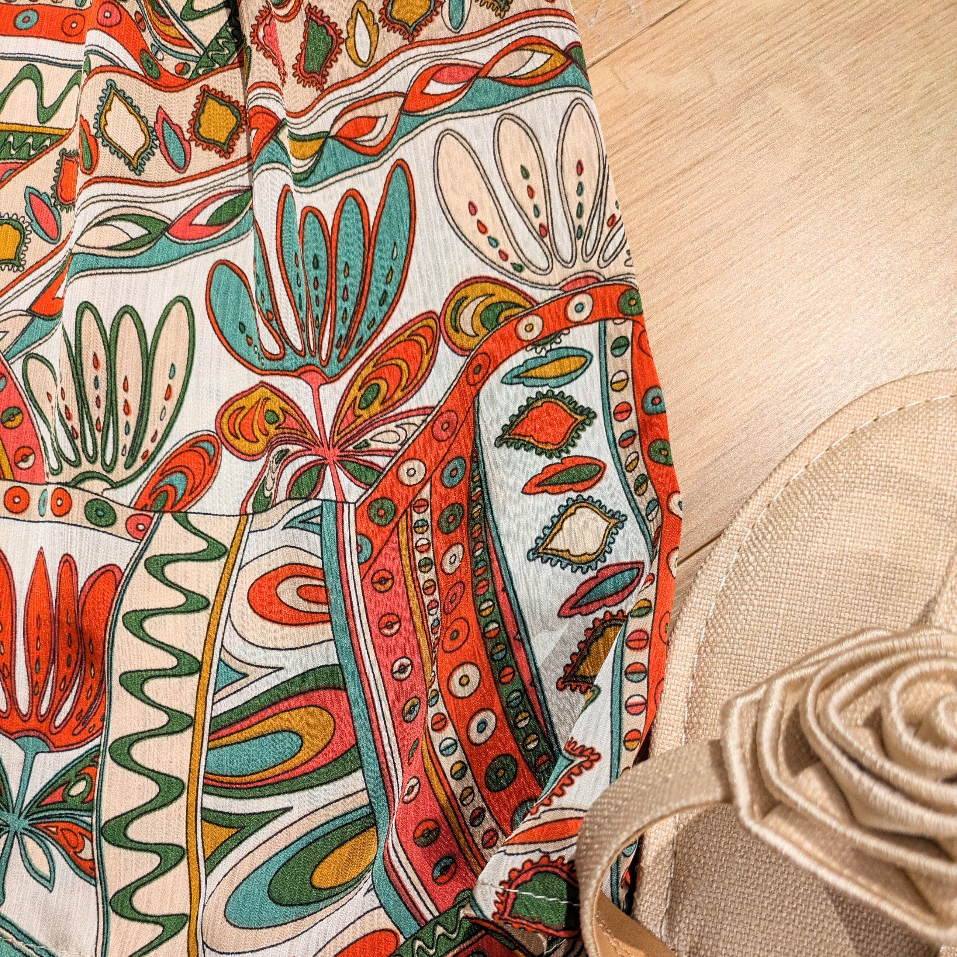 Printed Short Bubble Sleeve Midi Dress with Waist Tie