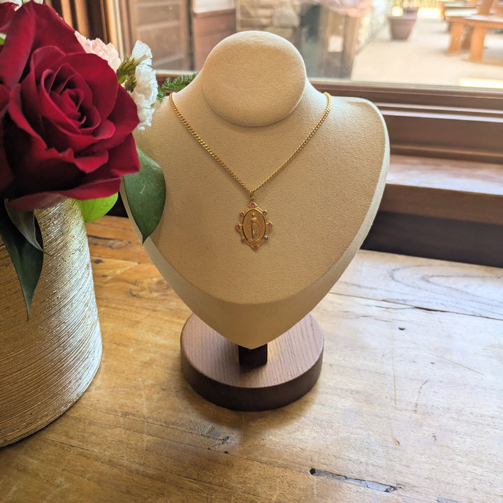 Pendant - Miraculous Medal w/Pink Stones - 16kt Gold Over Sterling - 18"Gold Plated Curb Chain