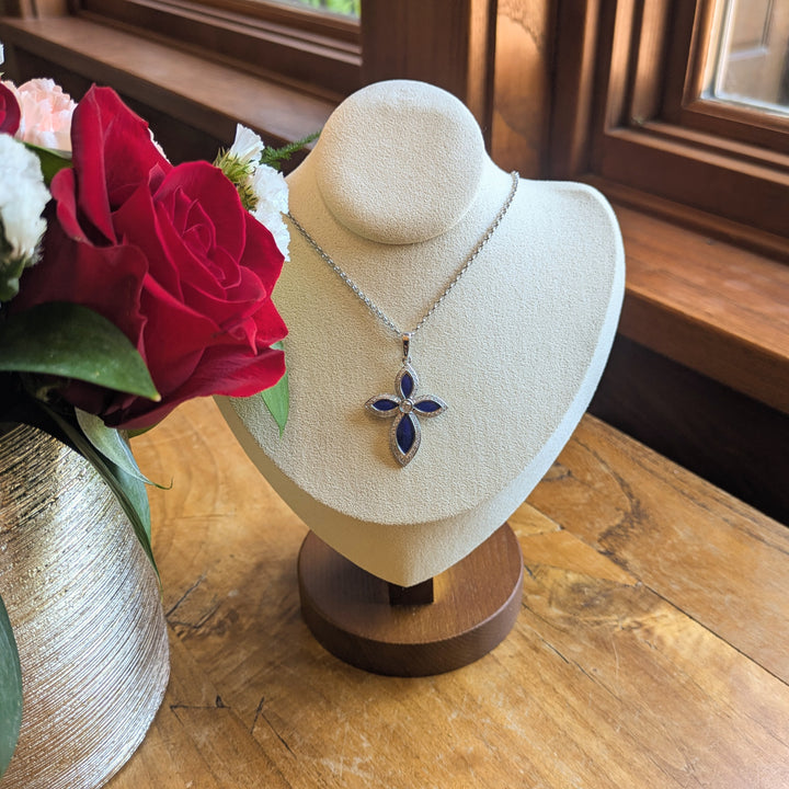 Pendant - Cross - SS - Blue Enameled - Crystal Border