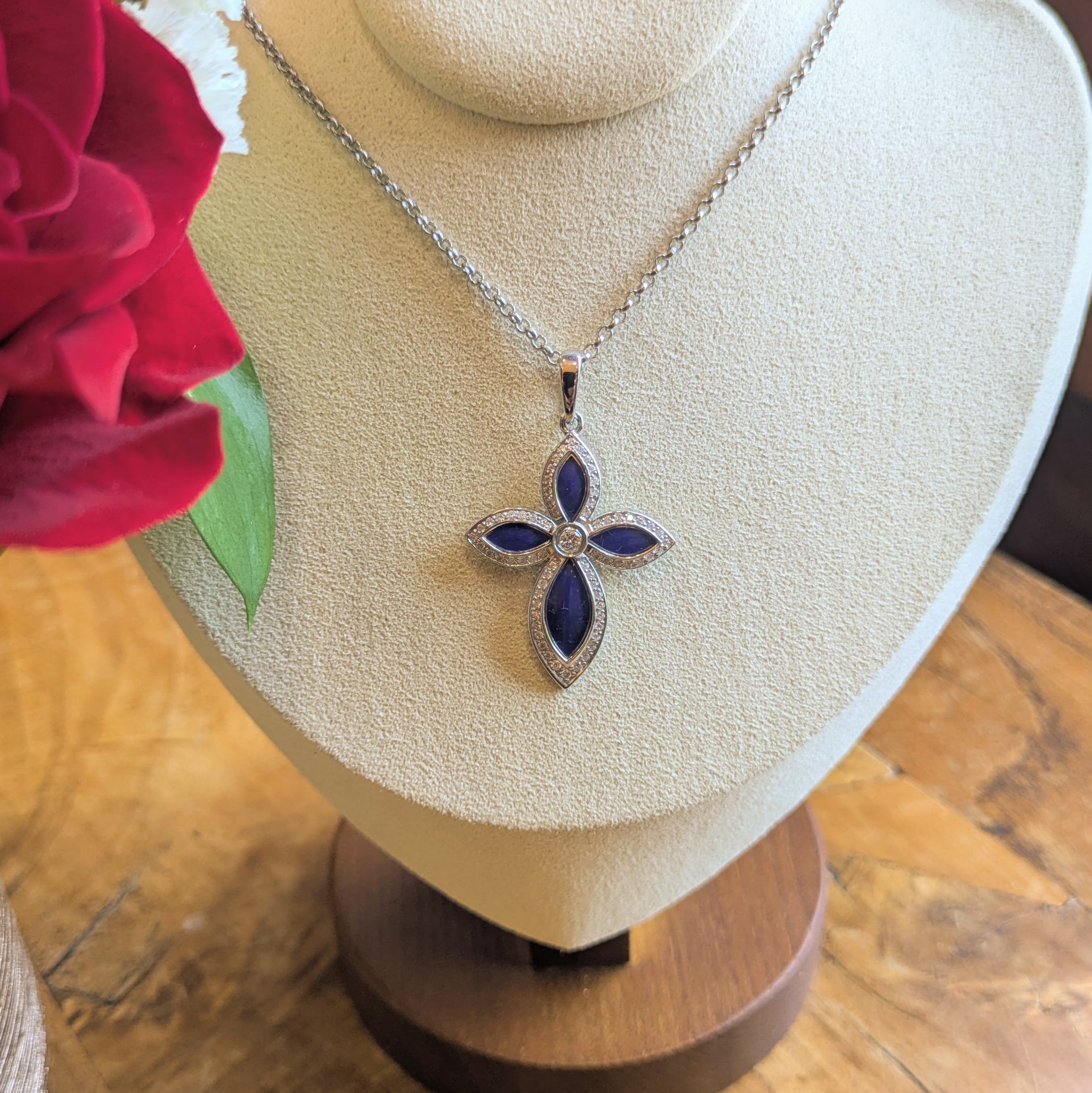 Pendant - Cross - SS - Blue Enameled - Crystal Border