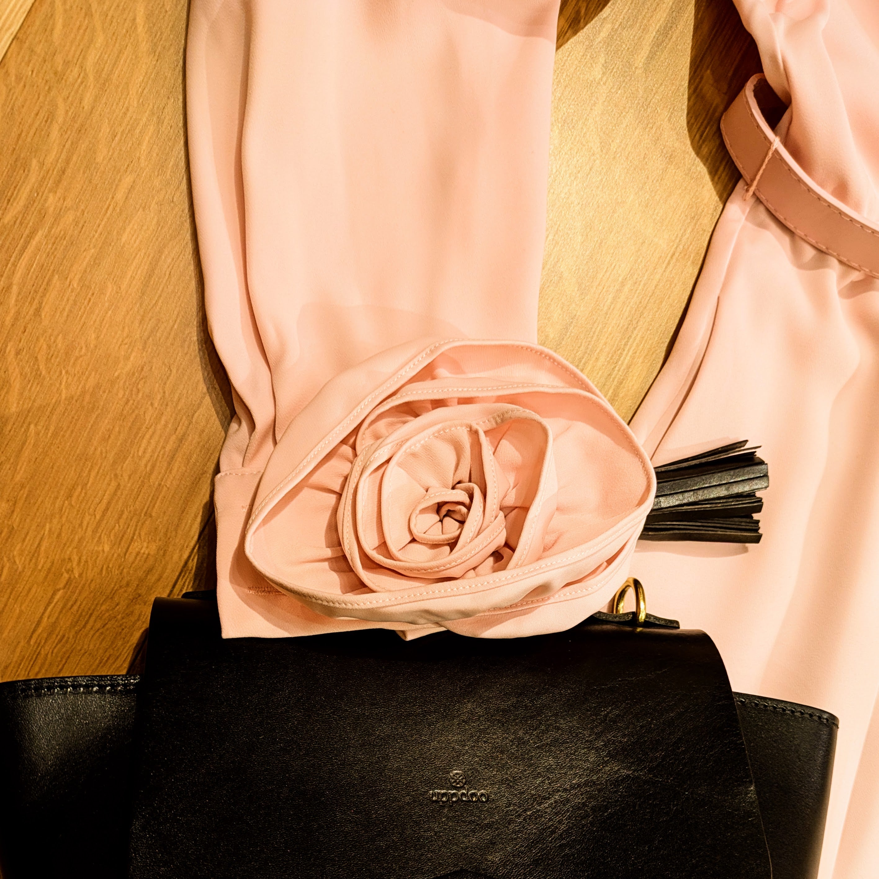 Dress - Pink - Rose Cuff Sleeves - Belt - Lapel Collar