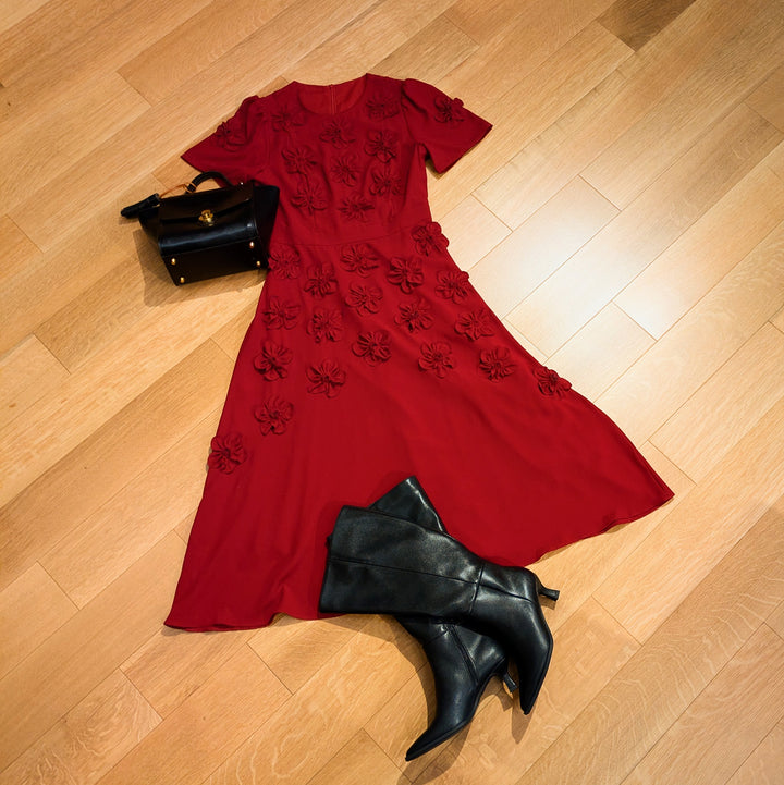 Dress - Deep Red - 3D Floral
