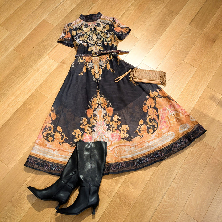 Dress - Black - Printed - Suit Collar