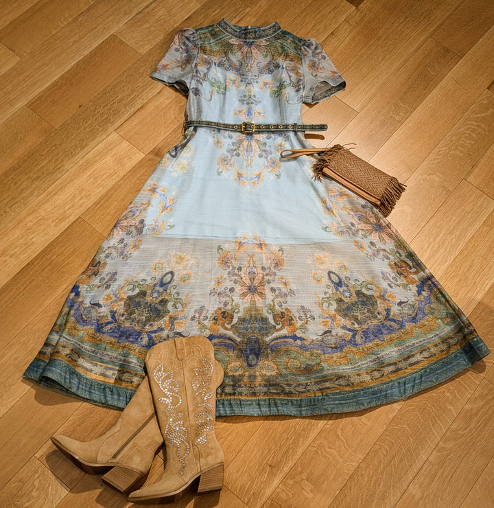 Dress - Blue - Printed - Retro - Short Sleeve - Belt