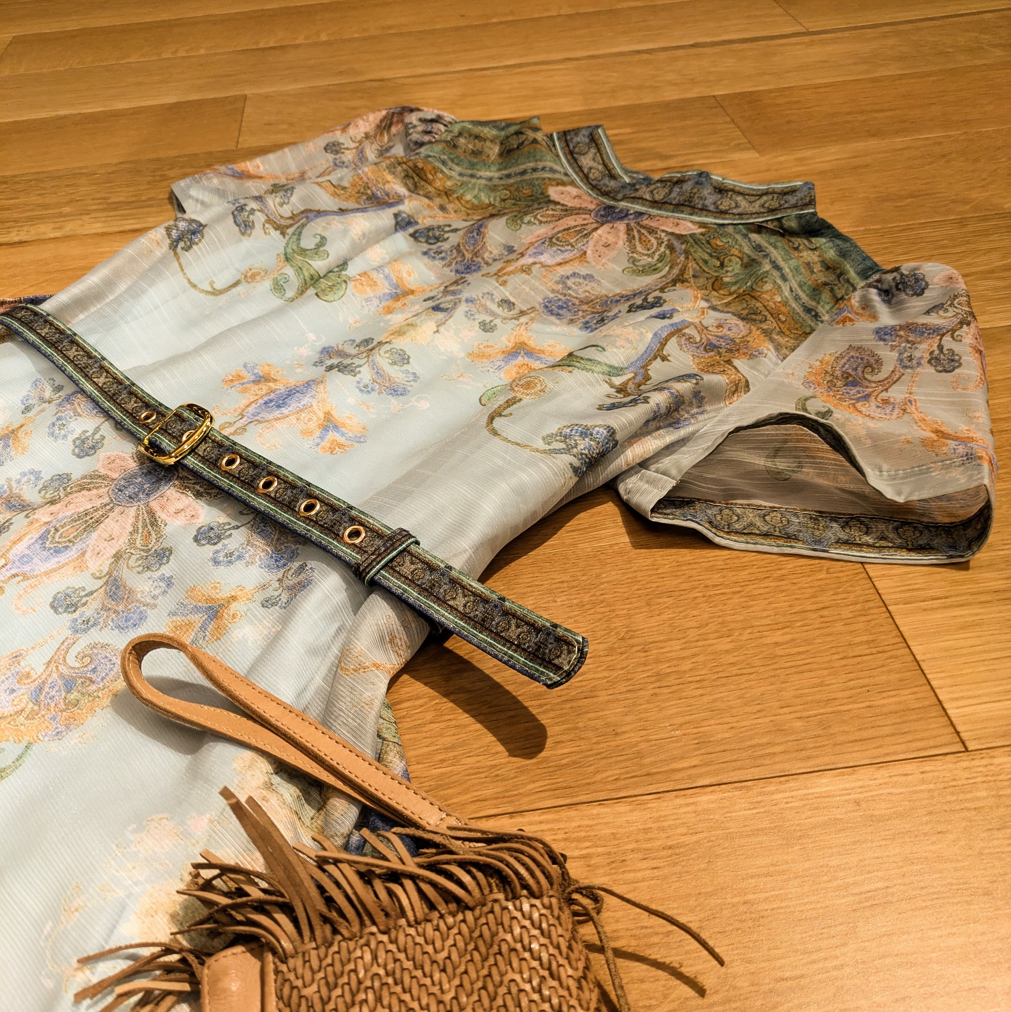 Dress - Blue - Printed - Retro - Short Sleeve - Belt
