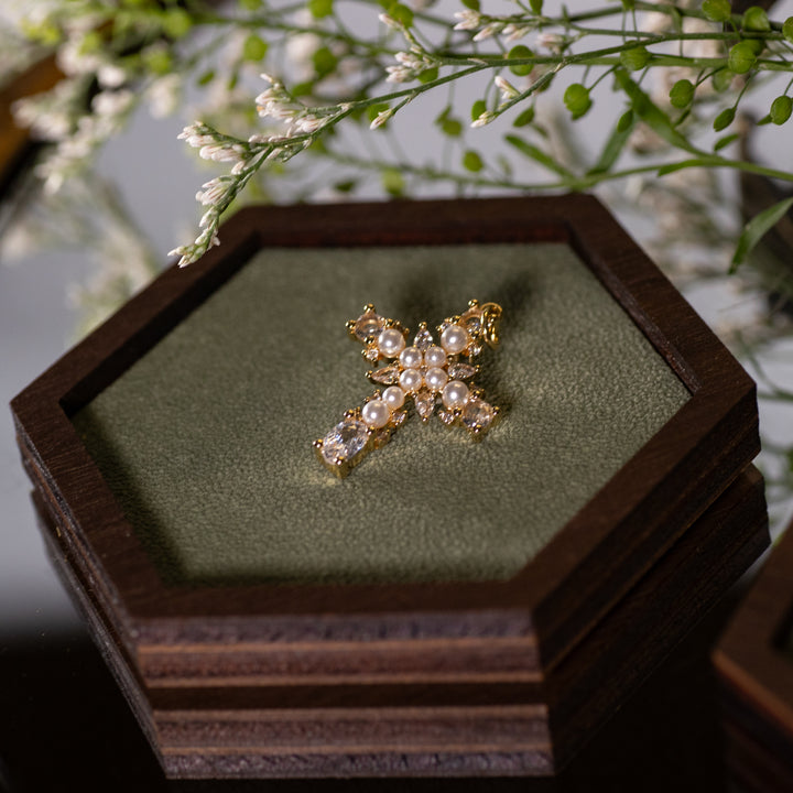 Pendant - Cross - Pearl - Cz - 16K Gold Filled