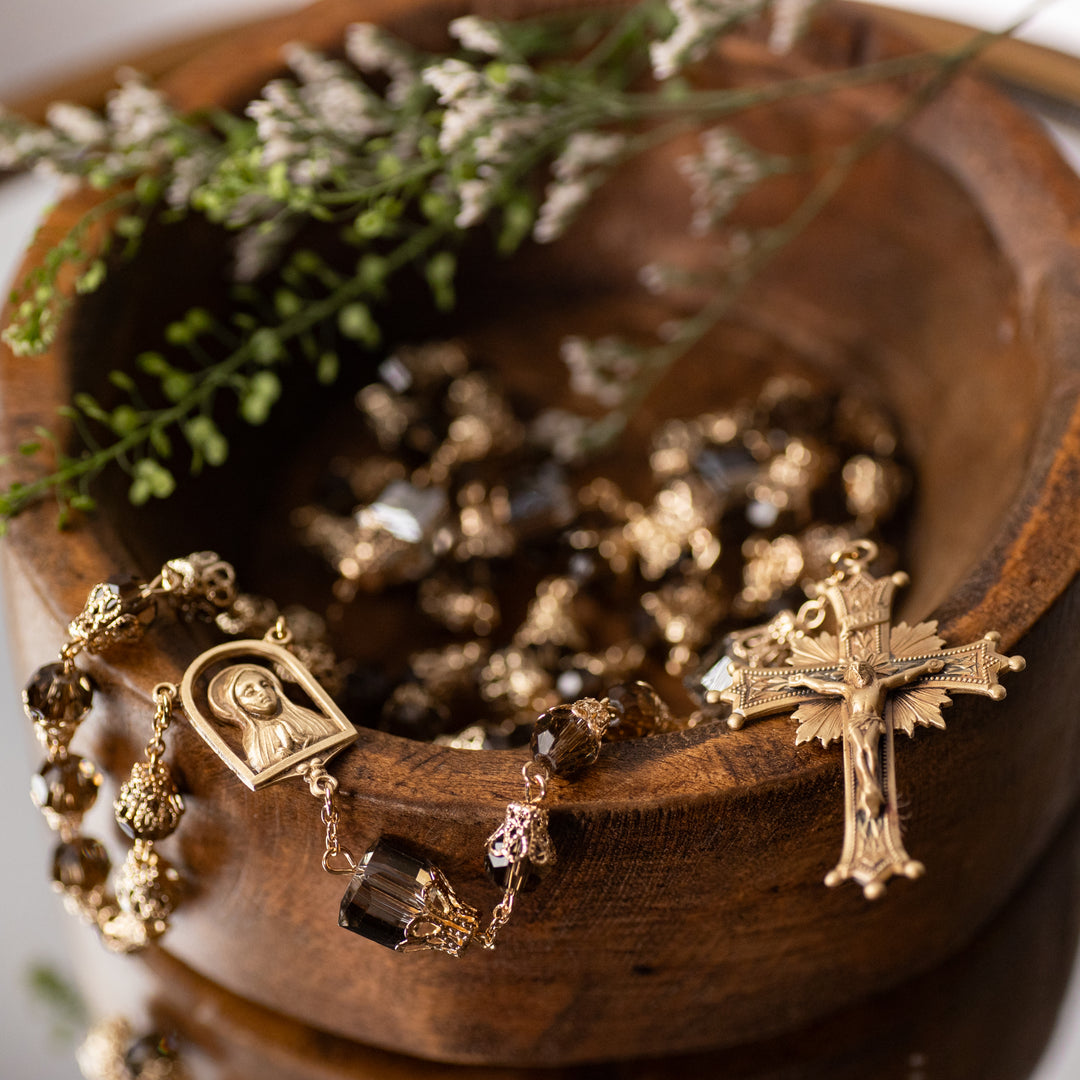 Rosary - Tulip Capped Beads - Smoked Toned - Brass Crucifix/Center