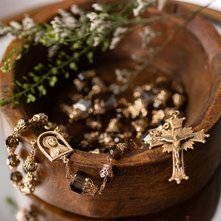Rosary - Tulip Capped Beads - Smoked Toned - Brass Crucifix/Center