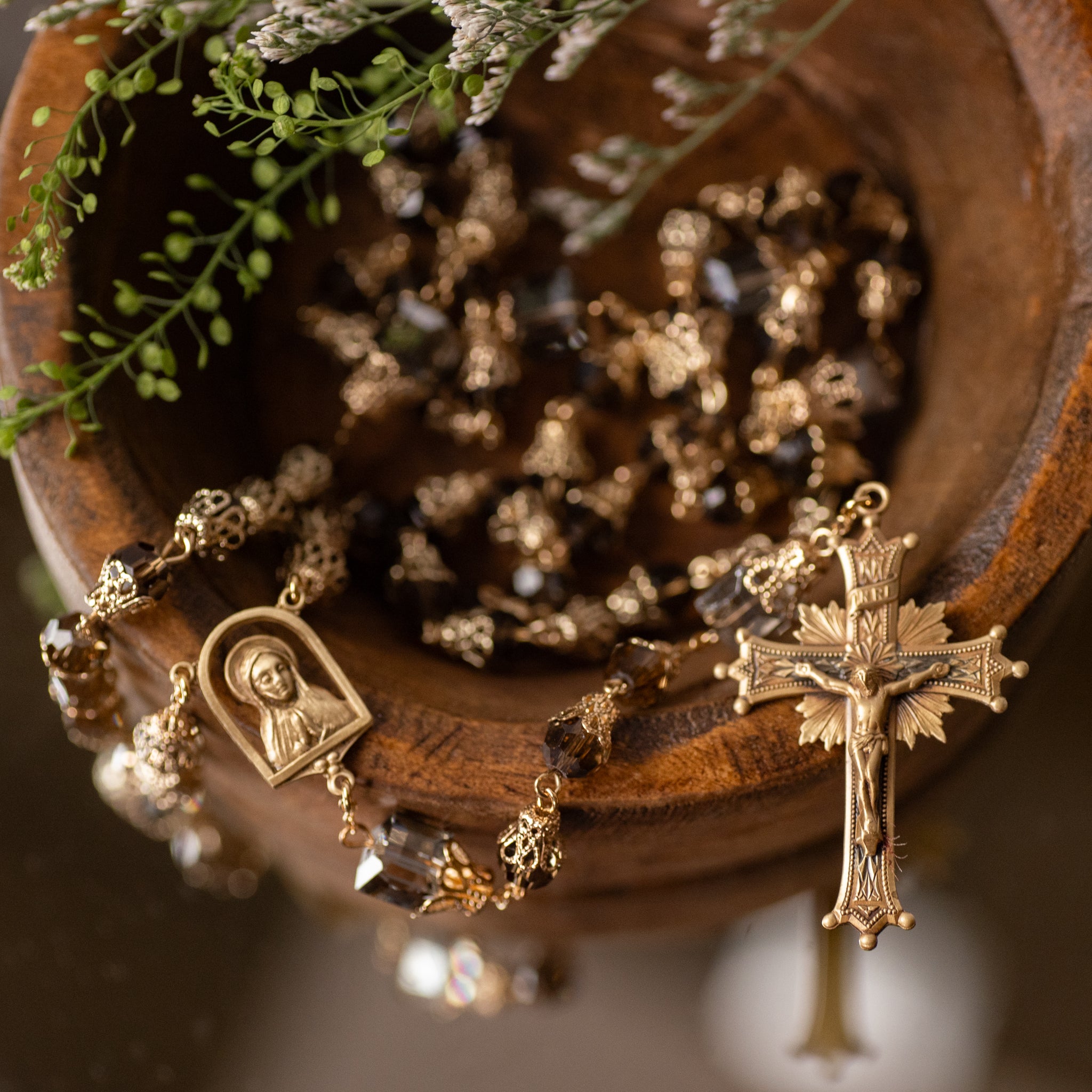 Rosary - Tulip Capped Beads - Smoked Toned - Brass Crucifix/Center