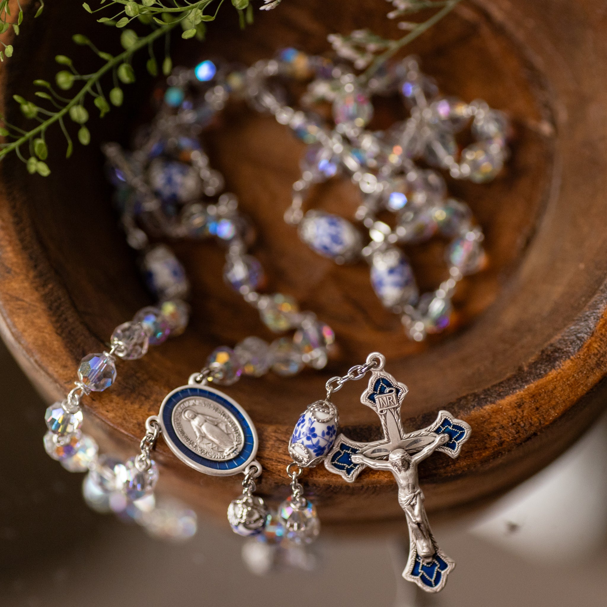 Rosary - Crystal Aurora - Porcelain Capped Beads - Sterling Silver Crucifix/Center