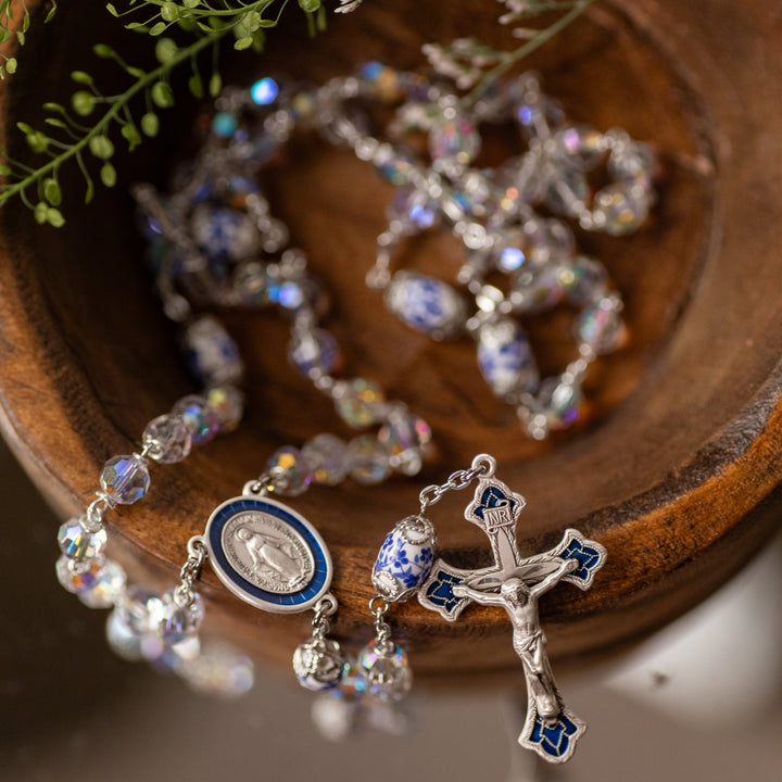 Rosary - Crystal Aurora - Porcelain Capped Beads - Sterling Silver Crucifix/Center