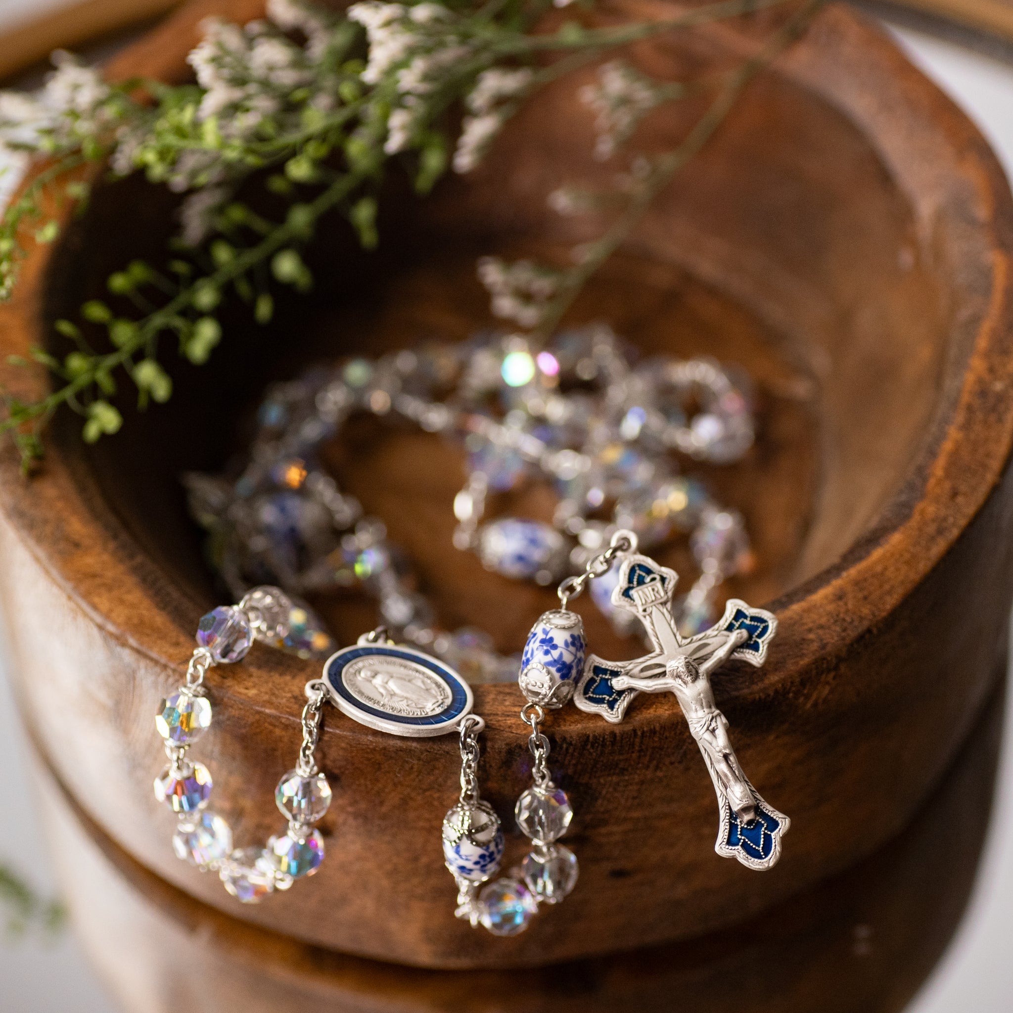 Rosary - Crystal Aurora - Porcelain Capped Beads - Sterling Silver Crucifix/Center