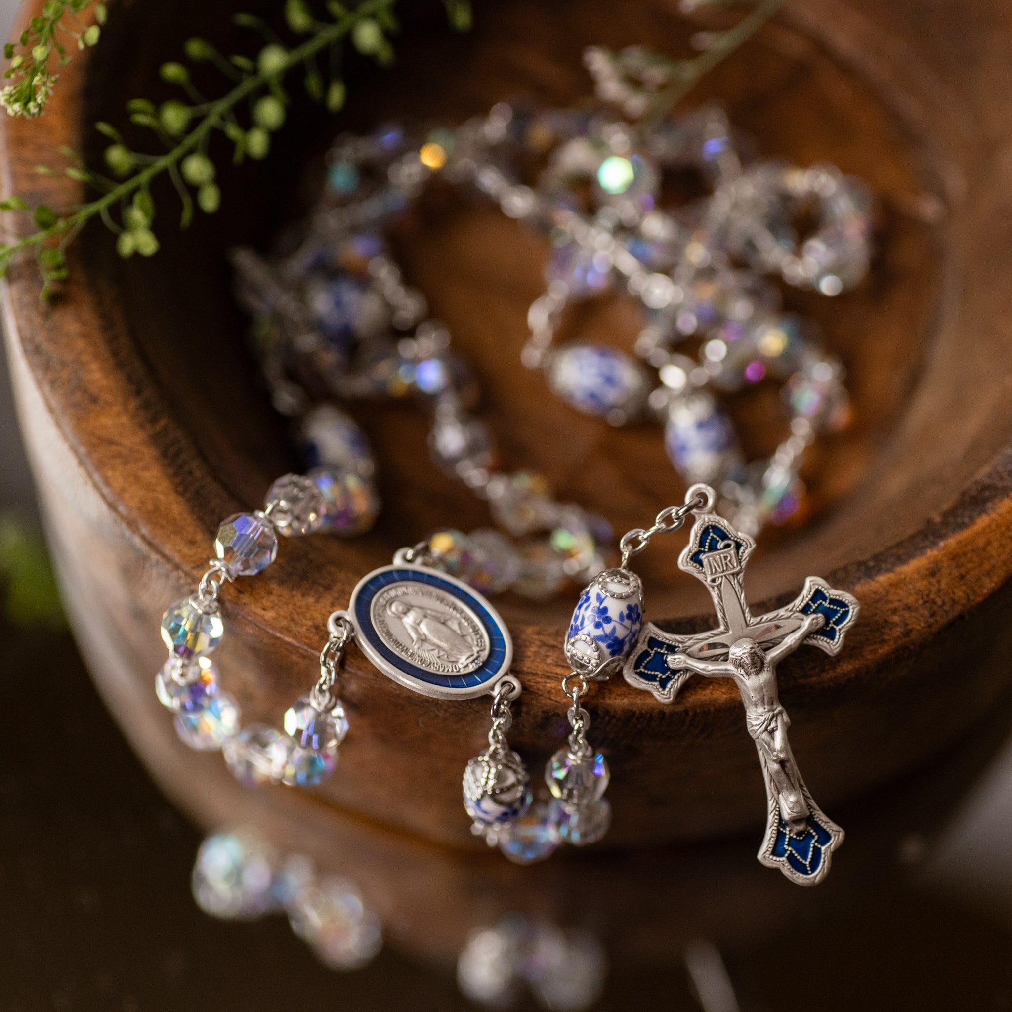 Rosary - Crystal Aurora - Porcelain Capped Beads - Sterling Silver Crucifix/Center