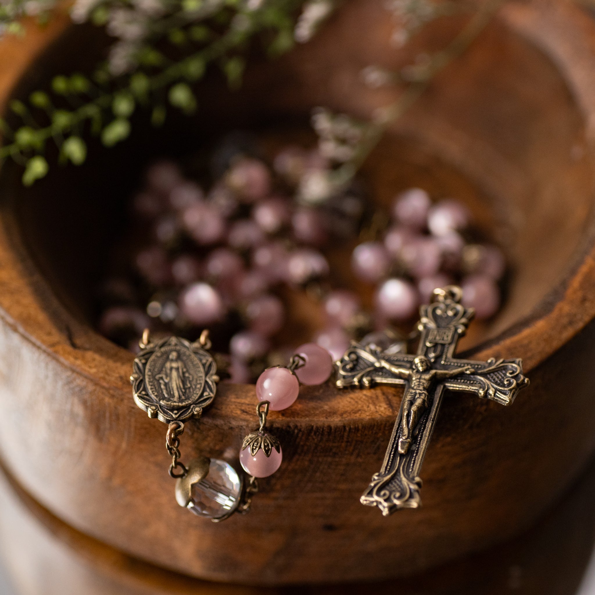 Rosary - Pink Cats Eye - Glass - Bronze Finish