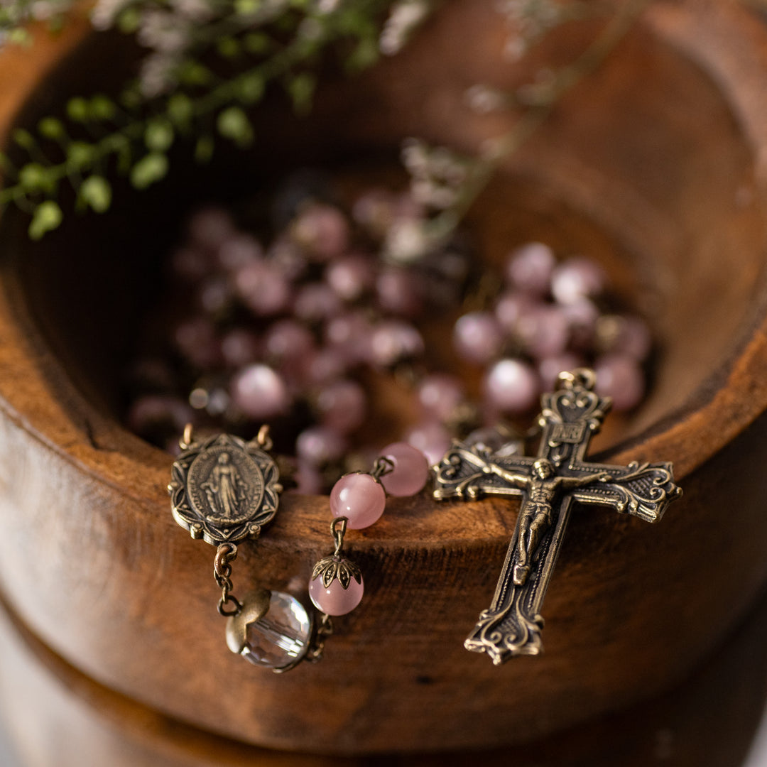 Rosary - Pink Cats Eye - Glass - Bronze Finish