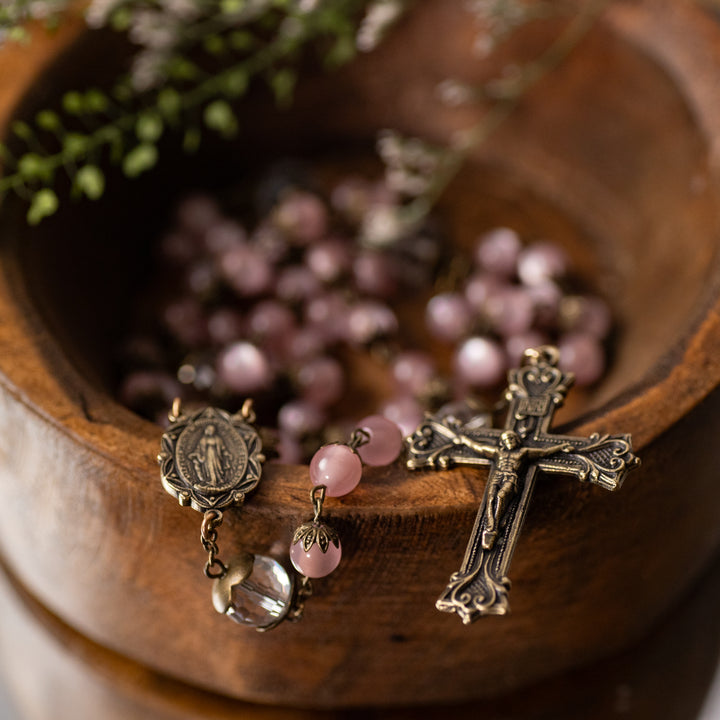 Rosary - Pink Cats Eye - Glass - Bronze Finish