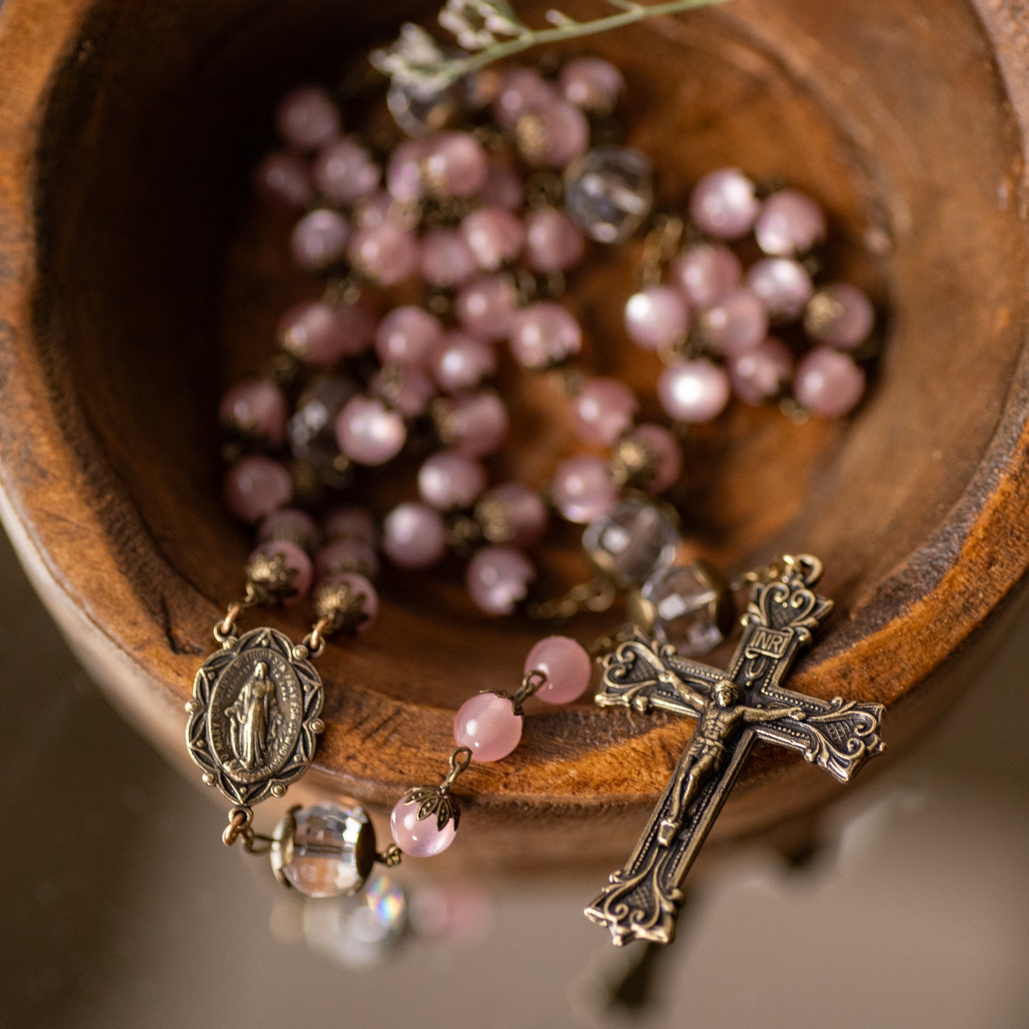 Rosary - Pink Cats Eye - Glass - Bronze Finish