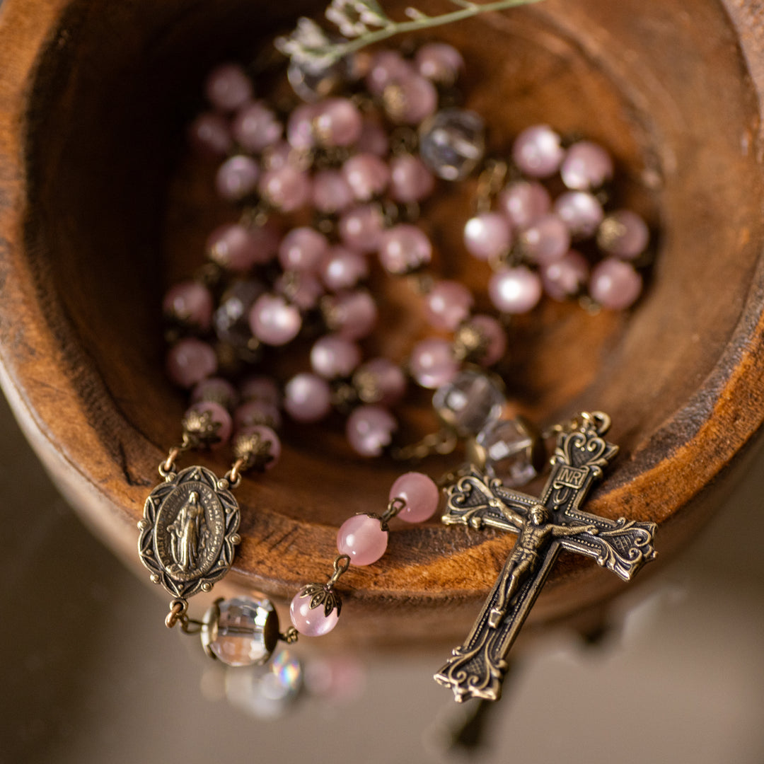 Rosary - Pink Cats Eye - Glass - Bronze Finish