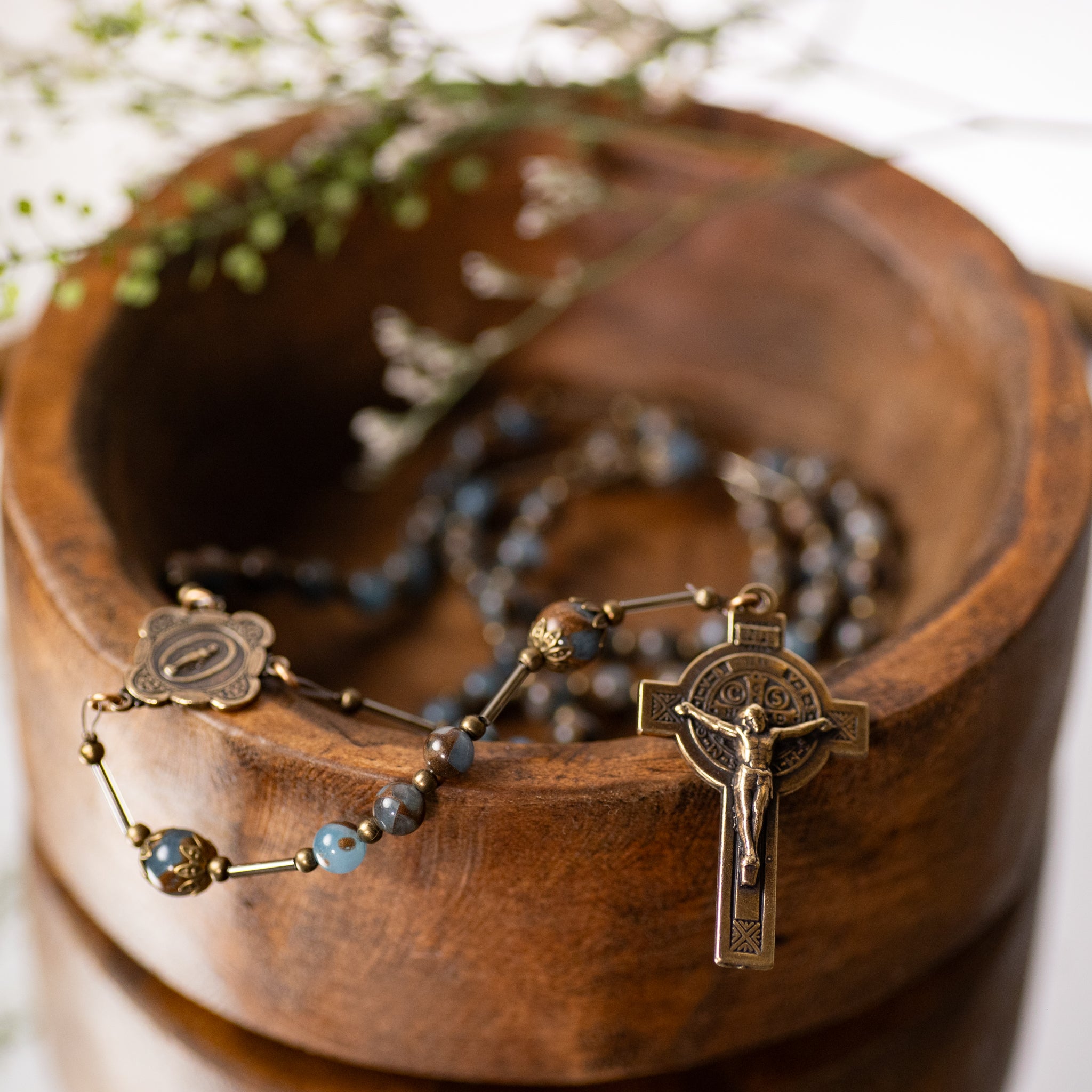 Rosary - Turquoise Agate - Stone Beads - Bronze Finish