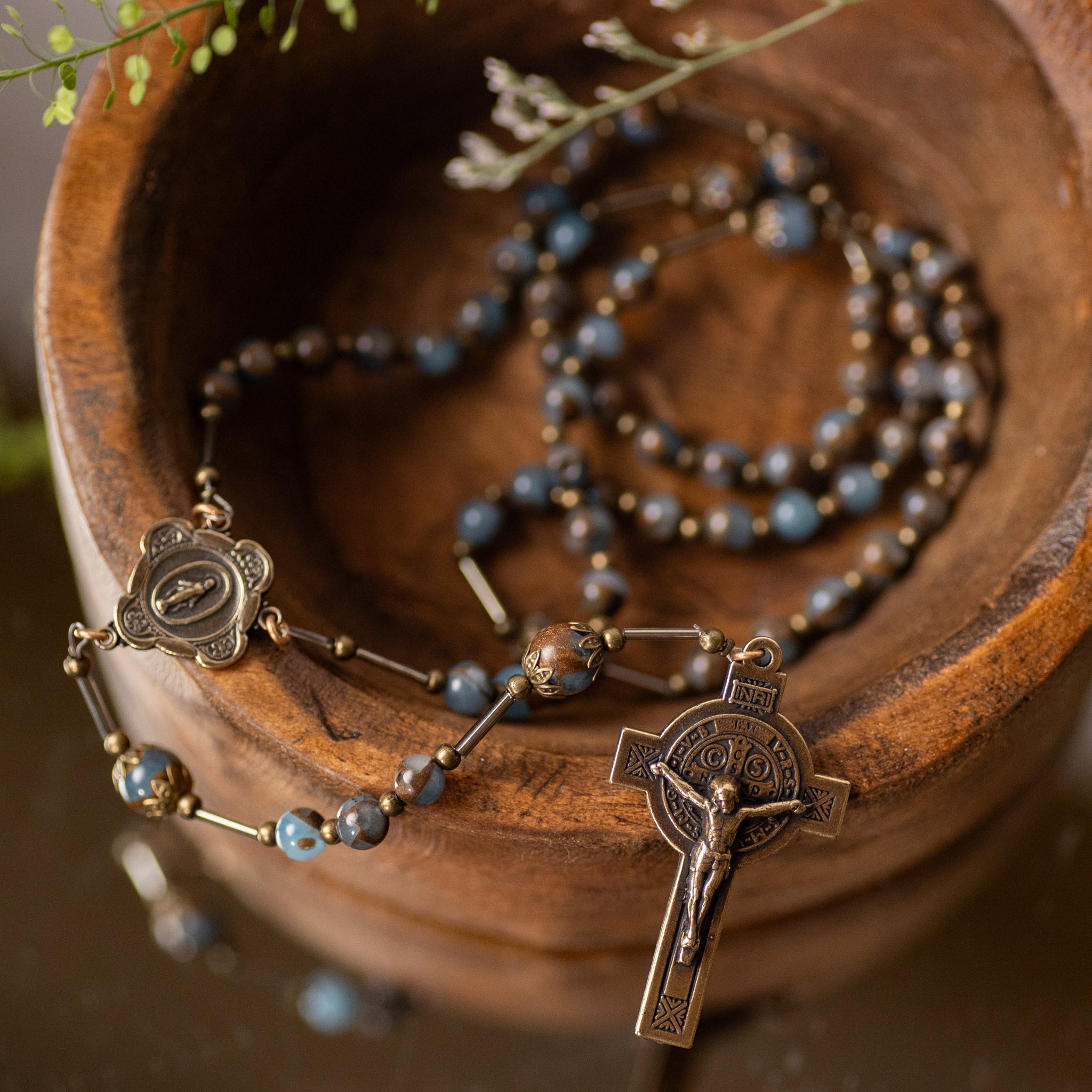 Rosary - Turquoise Agate - Stone Beads - Bronze Finish