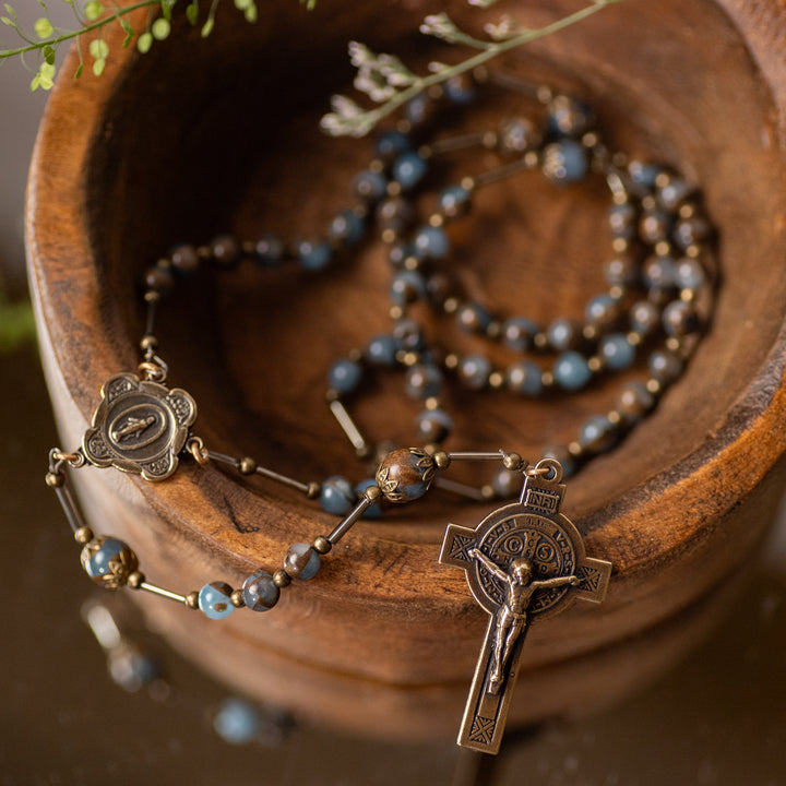 Rosary - Turquoise Agate - Stone Beads - Bronze Finish