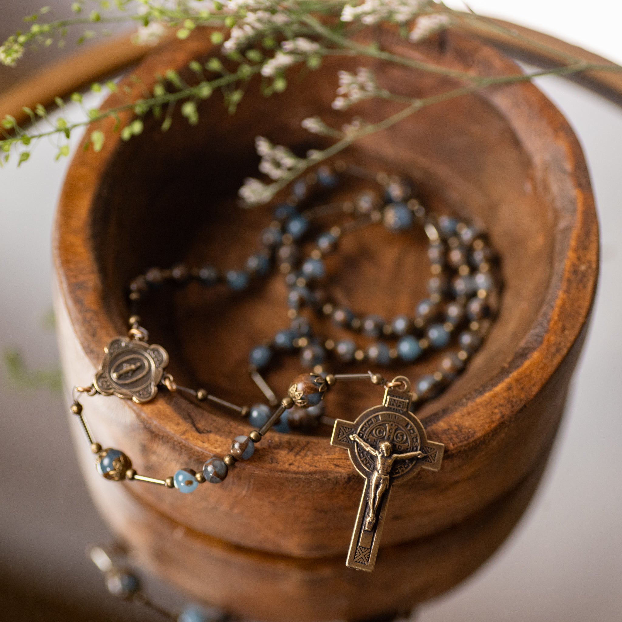 Rosary - Turquoise Agate - Stone Beads - Bronze Finish